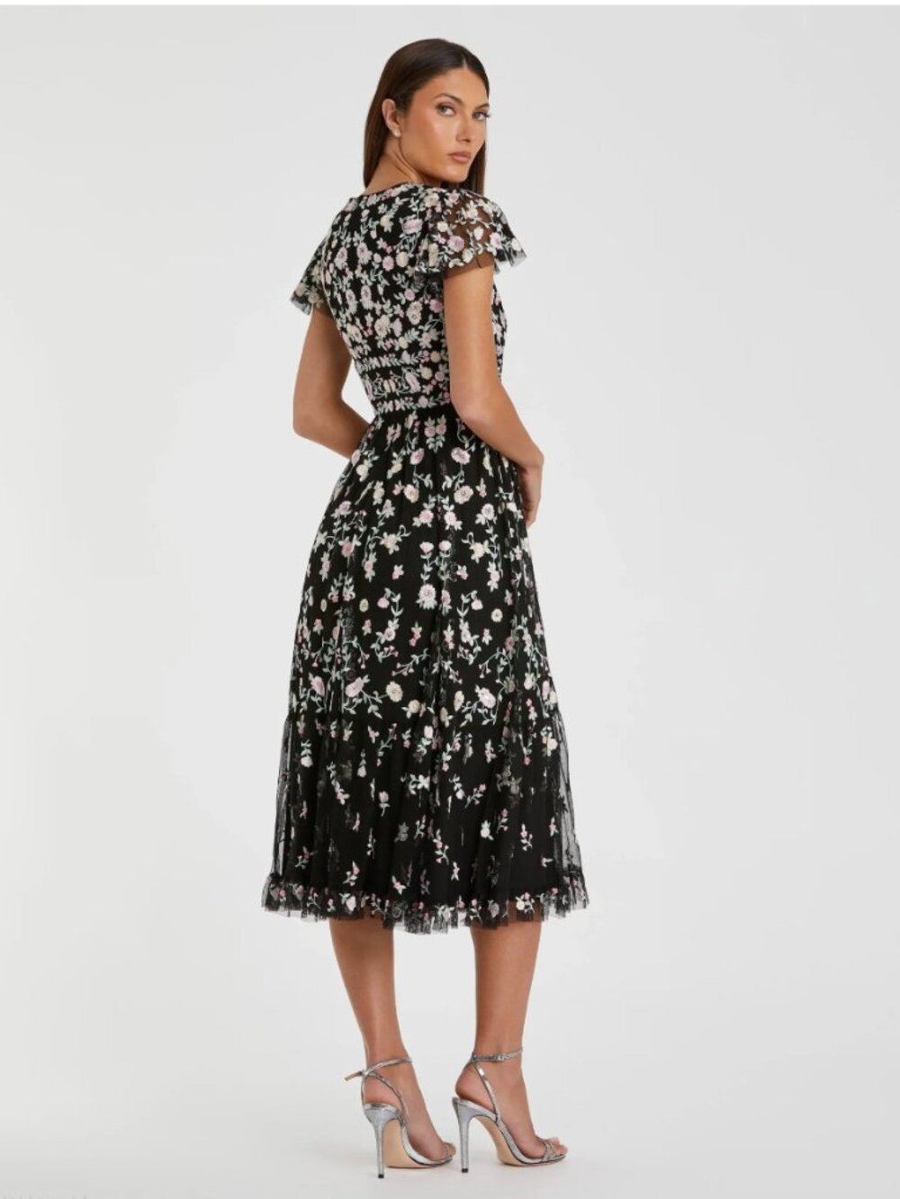 Mac Duggal Black Multicolor Embroidered V Neck Cap Sleeve Midi Dress Size 8 - Picture 2 of 11